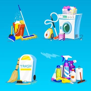 Cleaning tools. Set of House icons for poster. Washing machine, Detergents Stock Illustration