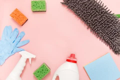 Cleaning tools set. top view Stock Photos