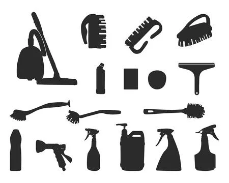 Cleaning tools silhouette, Cleaning tools equipment, Cleaning tools SVG. Stock Illustration