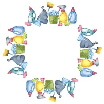 Cleaning tools like spray bottles, sponges, brushes, and gloves form a square Stock Illustration