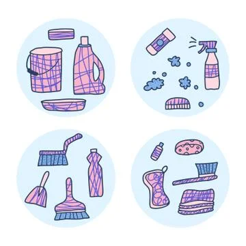 Cleaning tools. Vector set of cleaning equipment. Collection of housekeeping  Stock Illustration