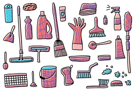 Cleaning tools. Vector set of cleaning equipment. Collection of housekeeping  Stock Illustration