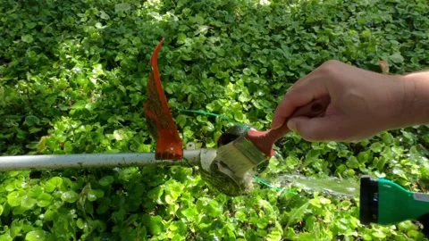 Cleaning a trimmer for mowing grass after work Stock Footage 158458669