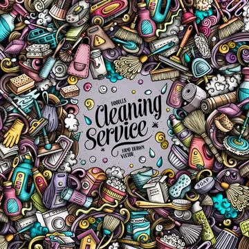 Cleaning vector doodles funny frame. Stock Illustration