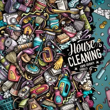 Cleaning vector doodles funny frame. Stock Illustration