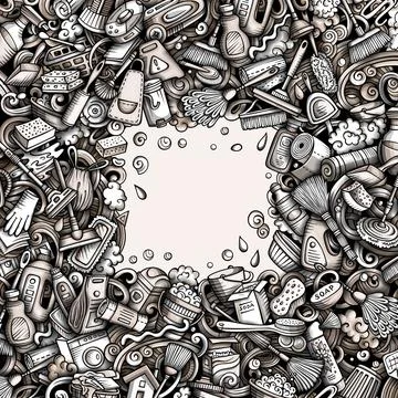Cleaning vector doodles funny frame. Stock Illustration