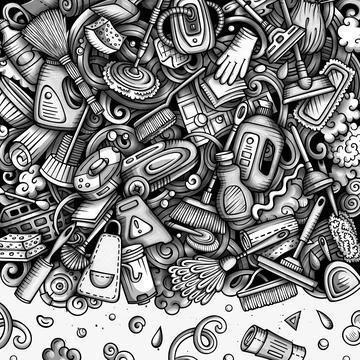 Cleaning vector doodles funny frame. イラスト素材
