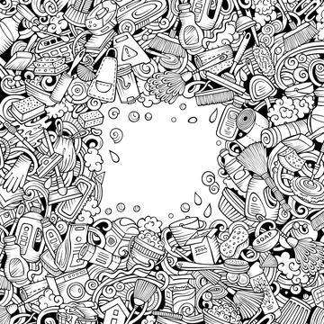 Cleaning vector doodles funny frame. Stock Illustration