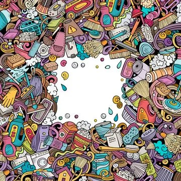 Cleaning vector doodles funny frame. Stock Illustration