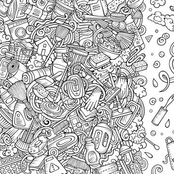 Cleaning vector doodles funny frame. Stockillustratie