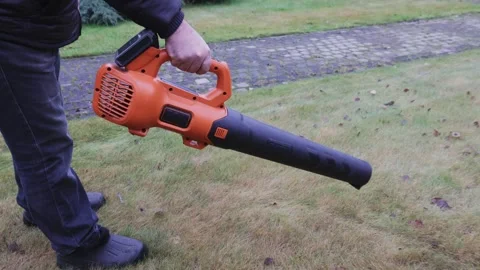 Cleaning view of cordless leaf blower, removing leaves from under bush, left Stock Footage 326966012