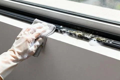 Cleaning a window frame with soap and a microfiber cloth for a fresh look Stock Photos