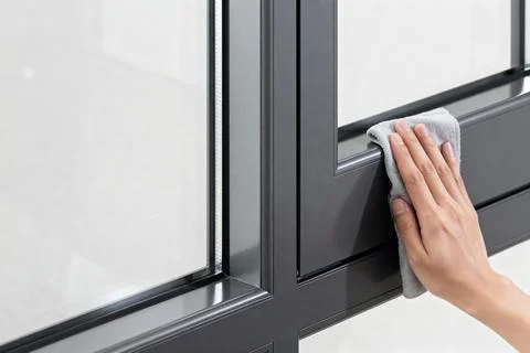 Cleaning a window frame with a soft cloth for a spotless finish Stock Photos