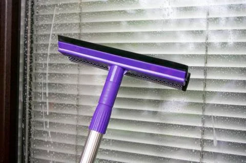 Cleaning window using a violet squilgee to wash glass. Housekeeping concept. Stock Photos