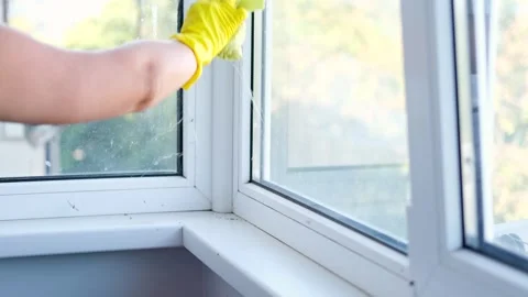 Cleaning the windowsill wiping dust by microfiber cloth for cleaning Stock Footage 255925014