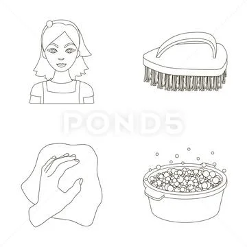 A cleaning woman, a housewife in an apron, a green brush, a hand with a rag, a Stock Illustration