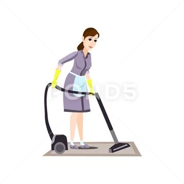 Cleaning woman in yellow gloves use modern vacuum cleaner Stock Illustration