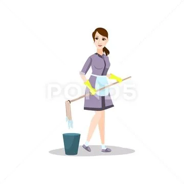 Cleaning woman in yellow rubber gloves use home mop Stock Illustration