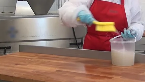 Cleaning Work Surface With Scrub Brush in Food Factory Stock Footage 320138332