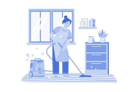 Cleaning Worker Cleaning Floor With The Vacuum Cleaner Stock Illustration