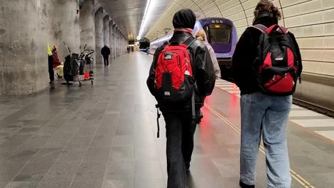 Cleaning worker, train and passengers at Triangeln railway station Stock Footage 312589095