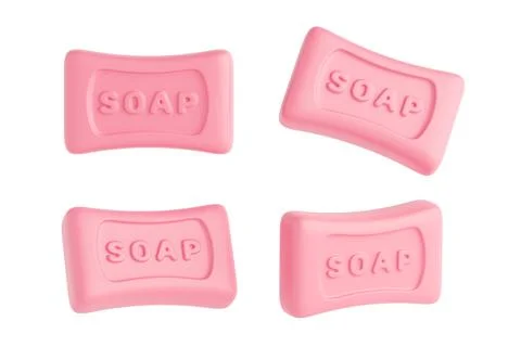 Cleanliness And Hygiene Concept. Pink Cartoon Soap Bars With Embossed Text... Stock Illustration