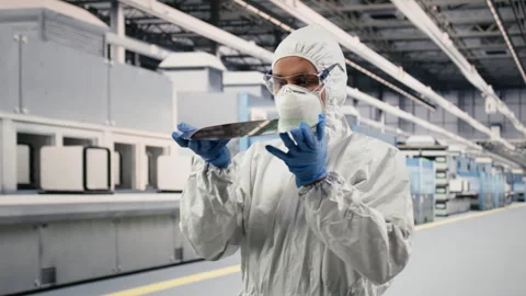 Cleanroom technician holding processed silicon wafer Stock Footage 333394605