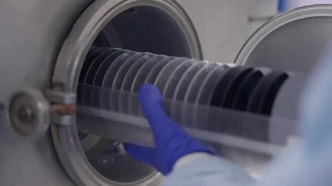 Cleanroom technician loading a silicon wafer cassette into a vacuum processing Video stock 325869036