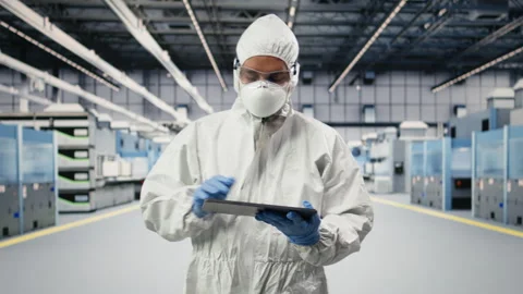 Cleanroom worker tracking semiconductor fabrication lots with tablet Stock Footage 333392059