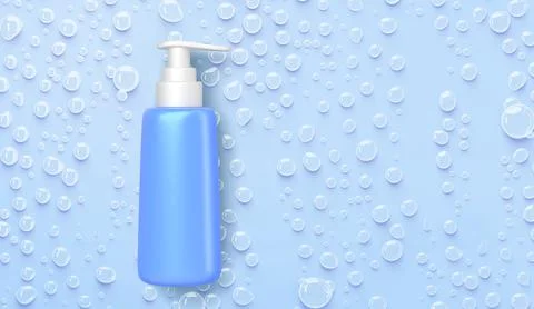 Cleanser for face cosmetics bottle with bubbles or water drops on blue Illustrazione stock