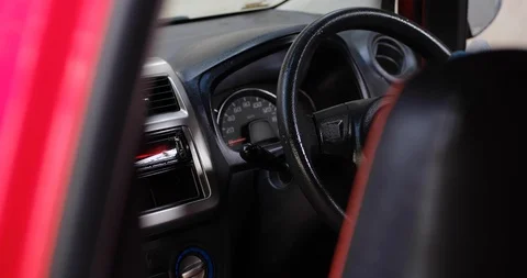 Cleansing car interior and spraying with disinfection liquid. Hands in rubber 스톡 동영상 128328673