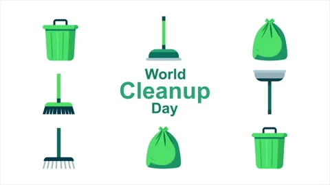 Cleanup world day garbage container bag broom Stock Footage 344694705