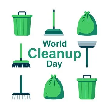 Cleanup world day garbage container bag broom Stock Illustration