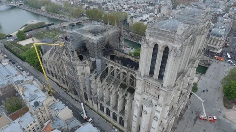 Clear aerial view of damage caused by terrible fire at Notre-Dame-de-Paris Video stock 114713079