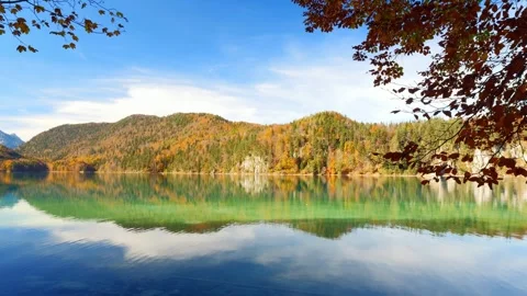 Clear alpine water and glowing fall colors in a quiet Bavarian lake perfect f Video stock 309092805