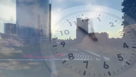 Clear analog clock over plaza, sun shift starting hands sweeping and clouds Stock Footage 328233884