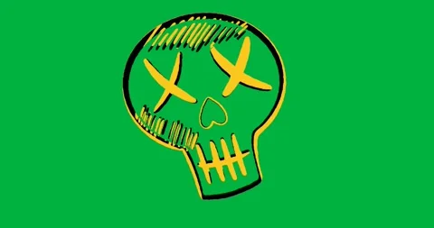 On clear background yellow scribbles floating forming skull scattering Video stock 317284665