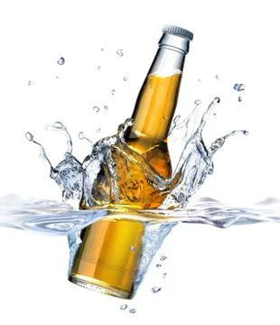 Clear Beer bottle falling into water, forming a crown splash. Viewed from a s Stock Illustration