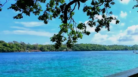 Clear blue sea view from a beachside bungalow in Sabang, Aceh Stock Footage 321260108