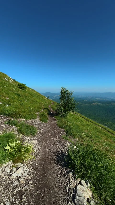 Clear blue sky above grassy mountain trail. Mount Rtanj, Serbia. Vertical Vídeo Stock 342318397