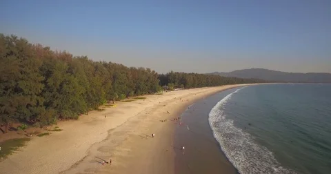 Clear Blue Sky At Layan And Bangtao Beach, Phuket, Thailand, Aerial Pullback Video stock 79334930