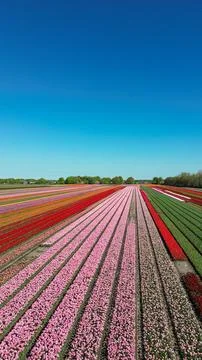Clear Blue Sky Over Cheerful Drenthe Tulip Field, the Netherlands Stock Photos