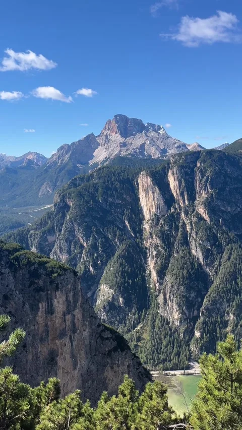 Clear Blue Sky Over the Dolomites Mountains – Vertical 4K Scenery Stock Footage 331075972