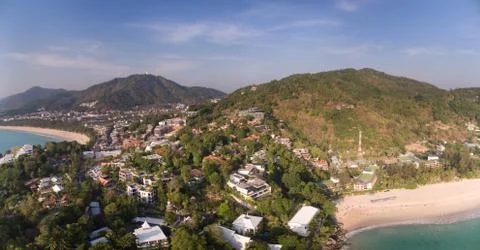 Clear Blue Sky Over Kata and Karon Beach Resorts And Hills, Phuket, Southern  Stock Photos