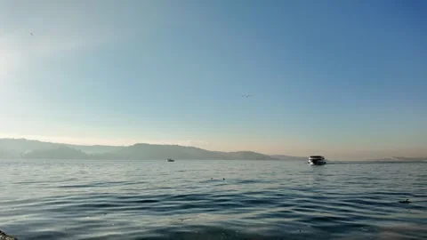 Clear blue sky over vast body of water with distant boats and flying birds. Stock Footage 331725509