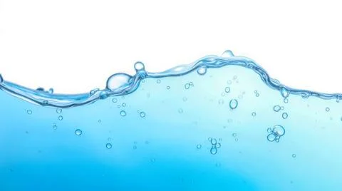 Clear blue water with bubbles and ripples, close-up view of liquid surface,.. Illustrazione stock