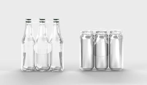 Clear bottles and tin cans in plastic wrap for soda or beer, 3d render Illustrazione stock