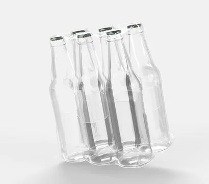 Clear bottles in plastic wrap, six soda or beer blank glass angle view Stock Illustration