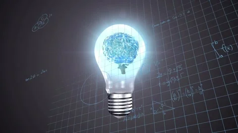 Clear bulb with blue brain emitting halo, initiating rotation and tech graphs, Stock Footage 330917065
