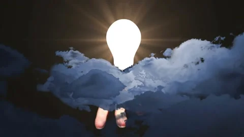Clear bulb rising from cloud gap, fingertips touching base and activating glow Stock Footage 330741239